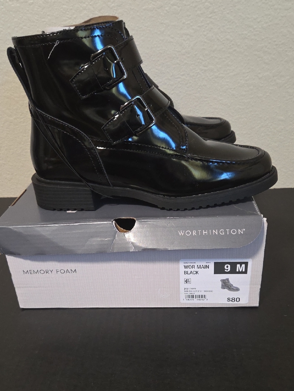 Worthington Black Patent Leather Buckle Strap Ankle Booties- Size 9